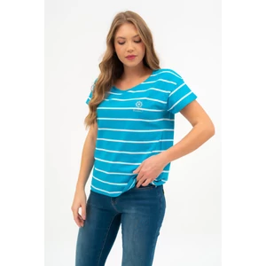 Budmil női lezser fazonú csíkos felső - türkiz-fehér