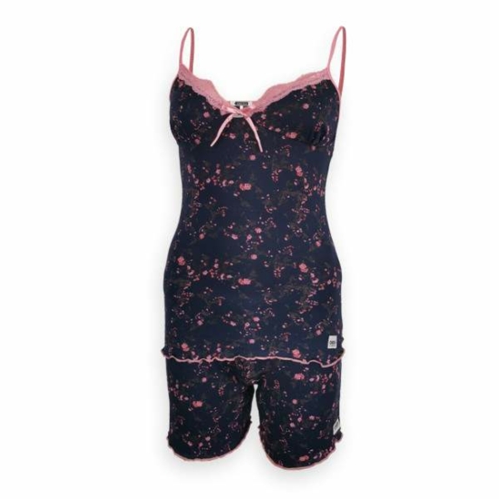 Dressa Home Peony virágmintás csipkés spagetti pántos rövidnadrágos női pizsama - sötétkék