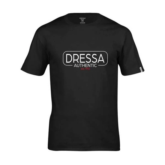 Dressa Authentic feliratos környakú rövid ujjú pamut póló - fekete (S-4XL)
