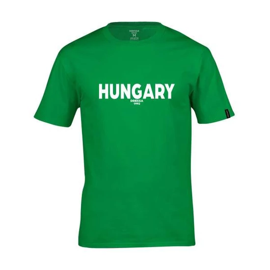 Dressa Hungary feliratos környakú rövid ujjú pamut póló - zöld (S-XXL)