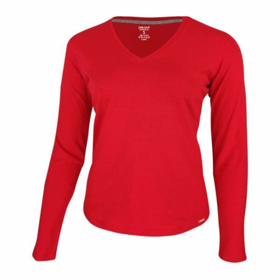 Dressa Premium hosszú ujjú V nyakú női pamut póló- piros (S-XXL)