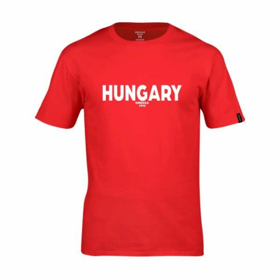 Dressa Hungary feliratos környakú rövid ujjú pamut póló - piros