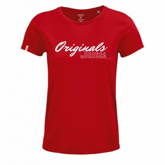 Dressa Originals feliratos női környakú rövid ujjú pamut póló - piros