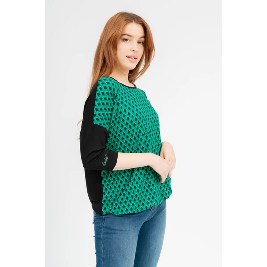 Budmil női 3/4-es ujjú vékony póló - sötétkék-zöld mintás (S-3XL)