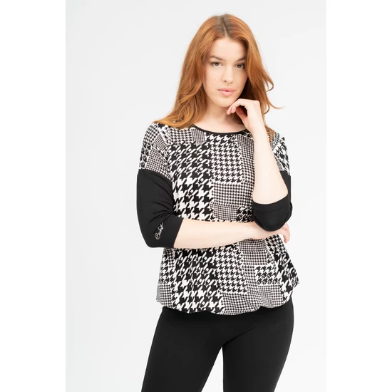 Budmil női 3/4-es ujjú vékony póló - fekete-fehér mintás (S-3XL)