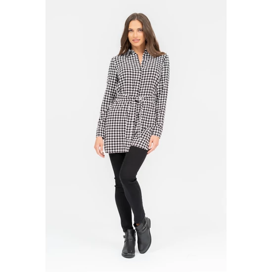 Budmil női hosszú ujjú mintás blúz - fekete-fehér (XS-3XL)