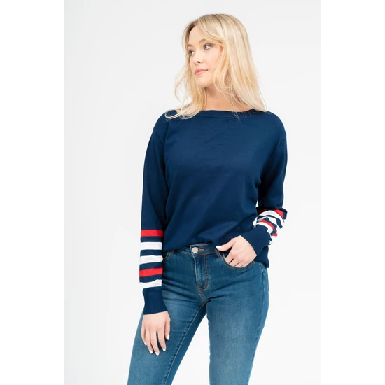 Budmil női vékony kötött pulóver - sötétkék piros-csíkos (XS-3XL)