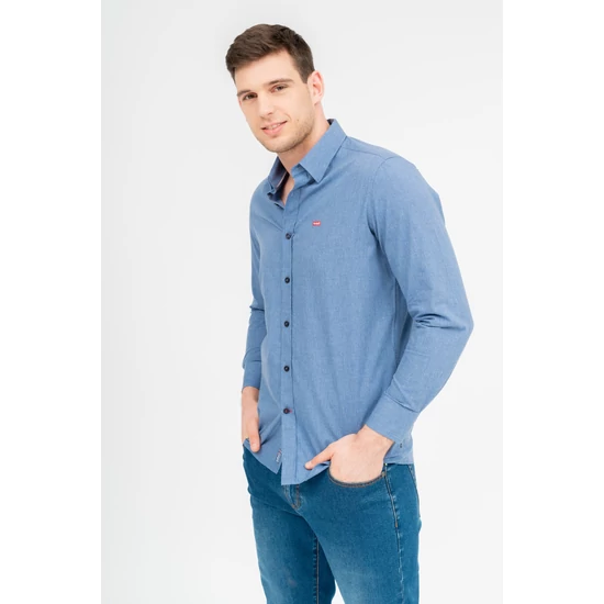 Budmil férfi modern fit hosszú ujjú ing - farmerkék (S-3XL)