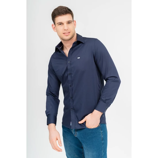 Budmil férfi modern fit hosszú ujjú ing - sötétkék (S-3XL)