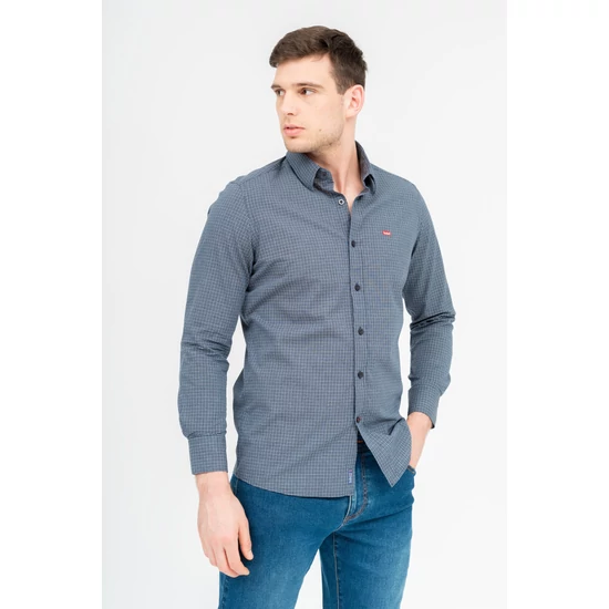 Budmil férfi modern fit hosszú ujjú ing - sötétkék-kockás (S-3XL)