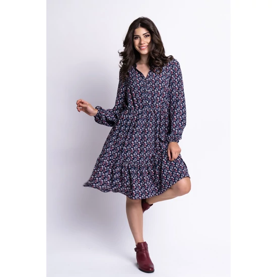 Budmil női hosszú ujjú virágmintás szövött ruha - sötétkék-piros (XS-XXL)