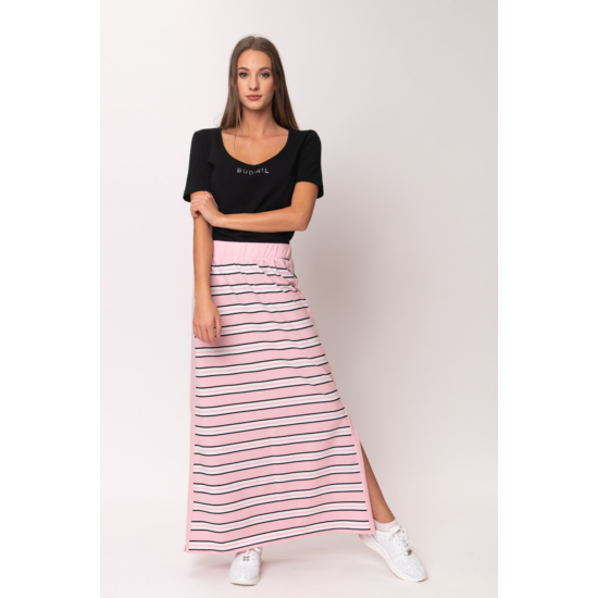 Budmil női hosszú csíkos nyári szoknya - rózsaszín-fehér (XS-XL)
