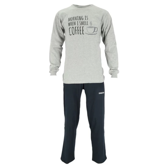 Dressa Home Coffee mintás feliratos hosszú ujjú férfi pamut pizsama - melírszürke (M-XXL)