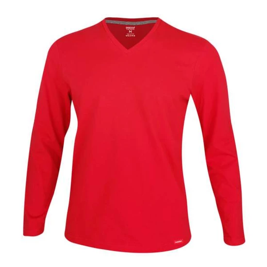 Dressa Premium hosszú ujjú V nyakú férfi pamut póló -piros (S-4XL)