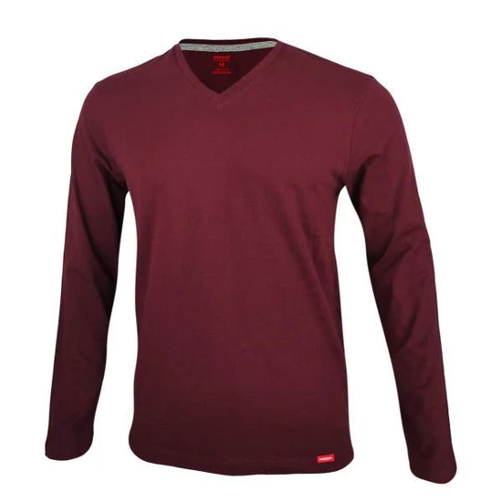 Dressa Premium hosszú ujjú V nyakú férfi pamut póló -bordó (S-4XL)