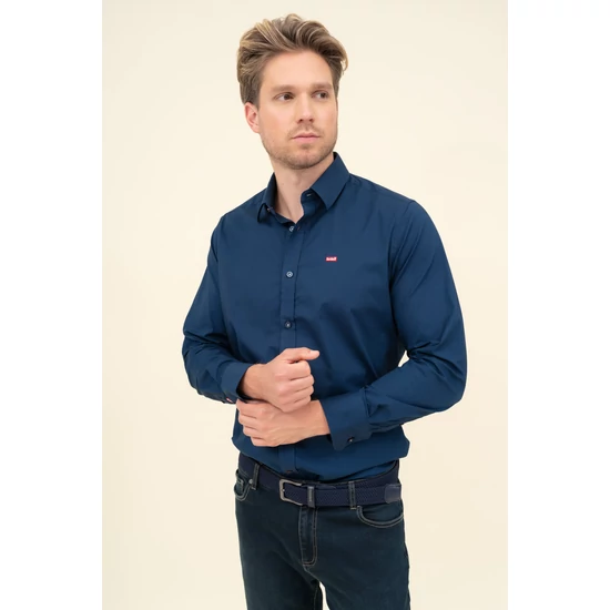 Budmil férfi rugalmas slim fit ing - sötétkék