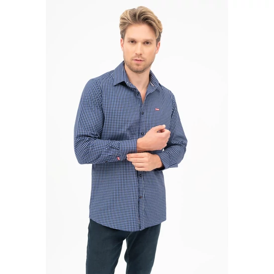Budmil férfi modern fit ing - sötétkék-kockás