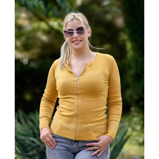 Zipzáras kötött okkersárga kardigán (S/M-L/XL)