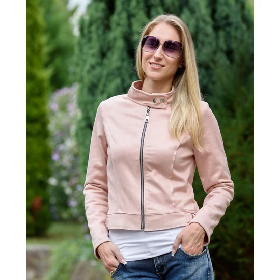 Kerek galléros rózsaszín velúrkabát (M-XL)
