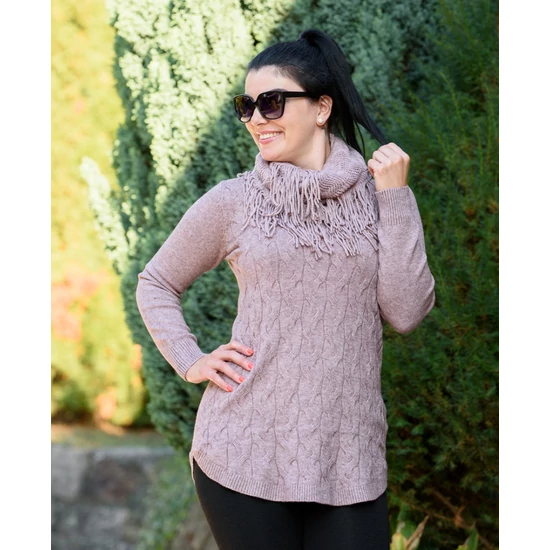 Kötött fonott mintás rózsaszín pulóver sállal (M/L-L/XL)