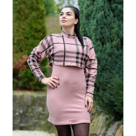 Hosszú kötött ujjatlan rózsaszín ruha kockás pulóverrel (M-L)