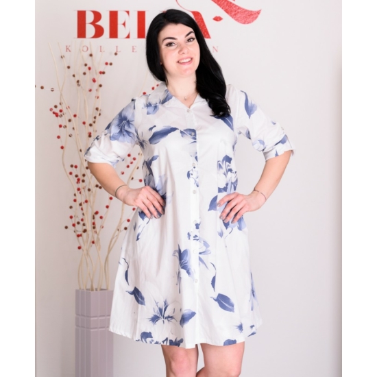 Nagy méretű kék virágmintás fehér ingruha (M-XL)